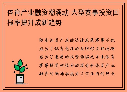 体育产业融资潮涌动 大型赛事投资回报率提升成新趋势