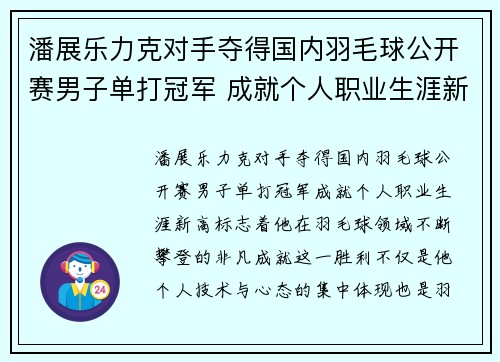 潘展乐力克对手夺得国内羽毛球公开赛男子单打冠军 成就个人职业生涯新高