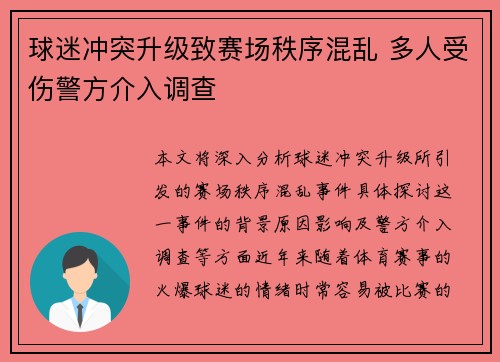 球迷冲突升级致赛场秩序混乱 多人受伤警方介入调查