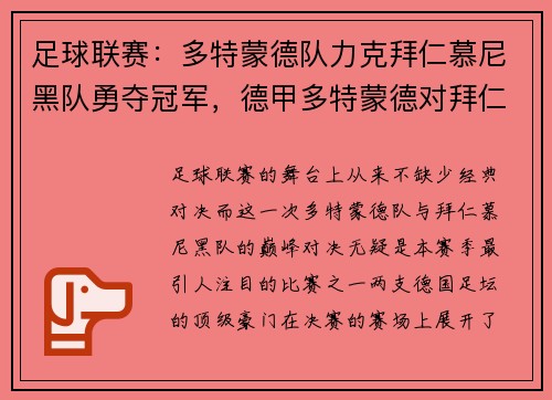 足球联赛：多特蒙德队力克拜仁慕尼黑队勇夺冠军，德甲多特蒙德对拜仁慕尼黑