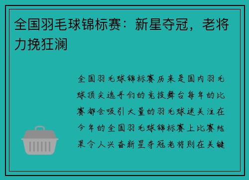 全国羽毛球锦标赛：新星夺冠，老将力挽狂澜