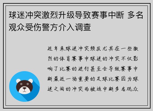 球迷冲突激烈升级导致赛事中断 多名观众受伤警方介入调查