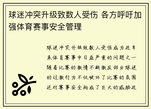 球迷冲突升级致数人受伤 各方呼吁加强体育赛事安全管理